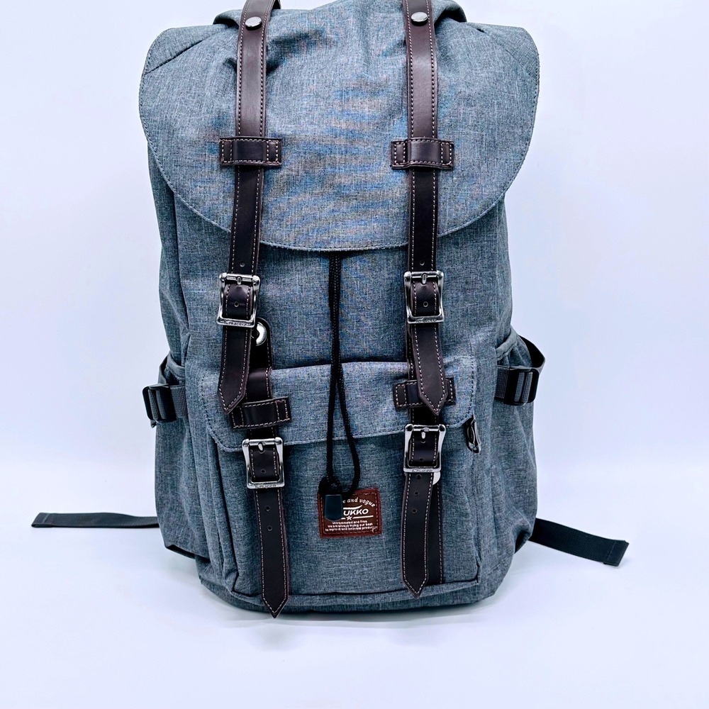 Kaukko Vintage and Vogue Grey Canvas Rucksack Backpack Brown Leather Trim Buckle